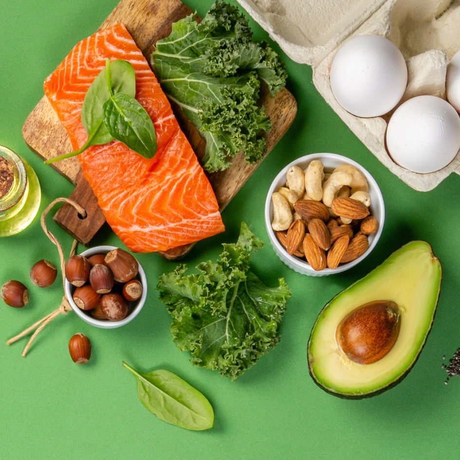 Healthy foods, salmon, eggs, nuts